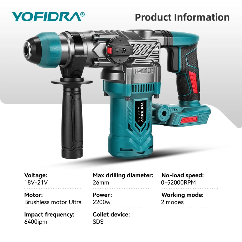 YOFIDRA 2200W Brushless Electric Hammer Impact Drill 6400IPM Multi-Screwdriver Rotary Drilling Power Tool For Makita Battery Pin