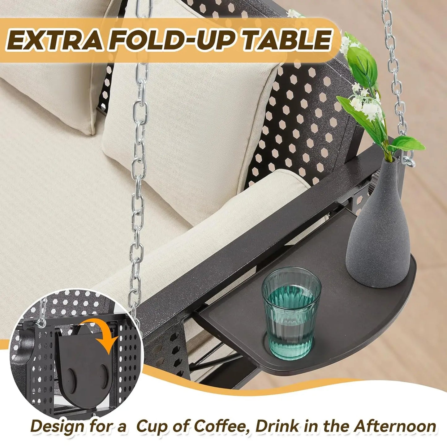 3 Seat Porch Swing With Cup Holders And Back Cushions For Deck Garden