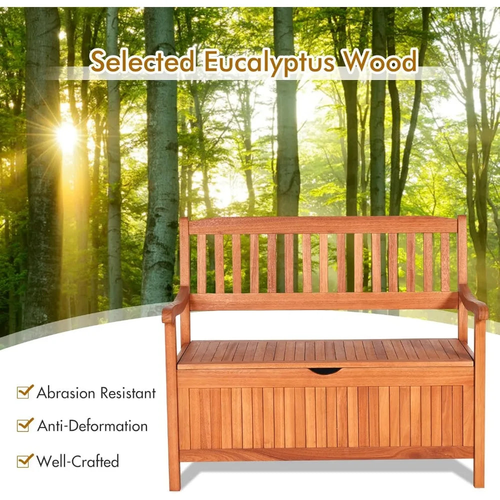 Safstar Outdoor Patio Bench With Storage Box Eucalyptus Wood Frame Natural Finish