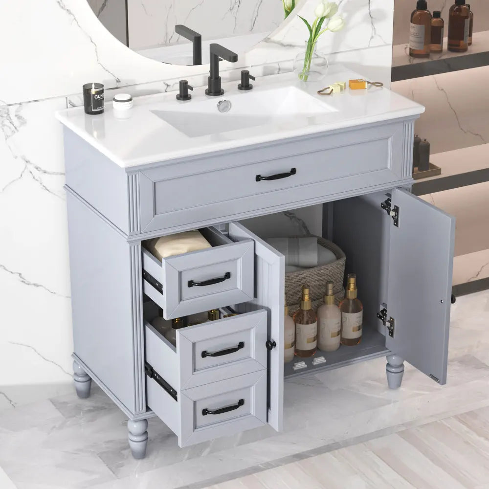 36 Inch Bathroom Vanity with Sink and Drawers Solid Frame MDF Board White