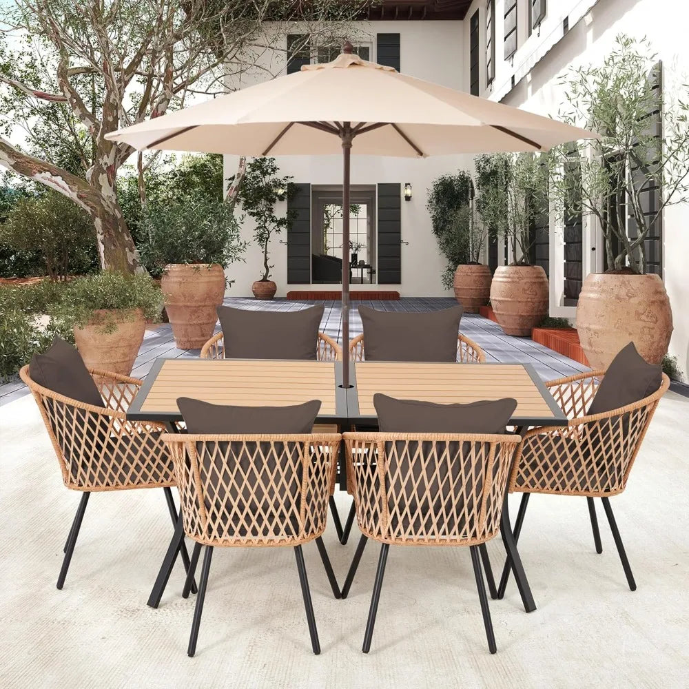 7 Piece Outdoor Patio Dining Set for 6 Wicker Rattan Furniture with Umbrella Hole and Cushions