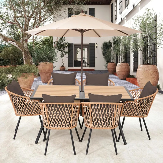 7 Piece Outdoor Patio Dining Set for 6 Wicker Rattan Furniture with Umbrella Hole and Cushions