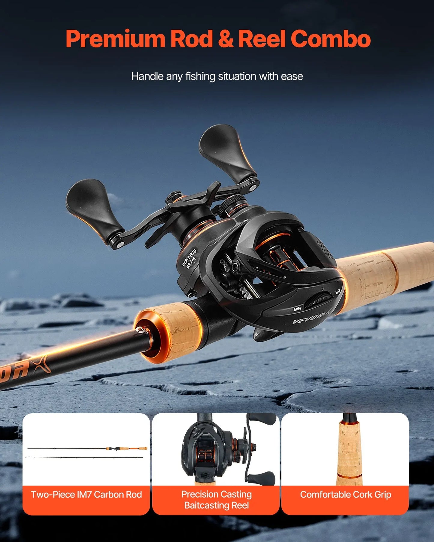 Rod And Fishing Reel Combo, IM7 Carbon Fiber Baitcasting Rod And Reel Combo, Bass Fishing Pole With 7+1 BB System, 7.0:1 Gear