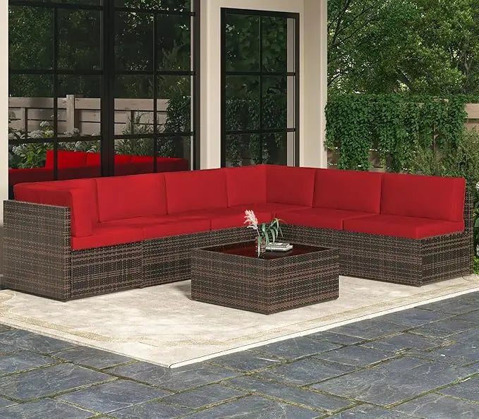 7 Piece Outdoor Patio Furniture Set Sectional Conversation Sofa with Coffee Table L Shape Design for Garden and Deck