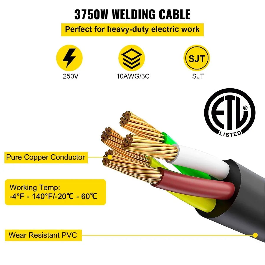 Welder Extension Cord 30A 25Ft 250V NEMA 650 Plug 10 Gauge