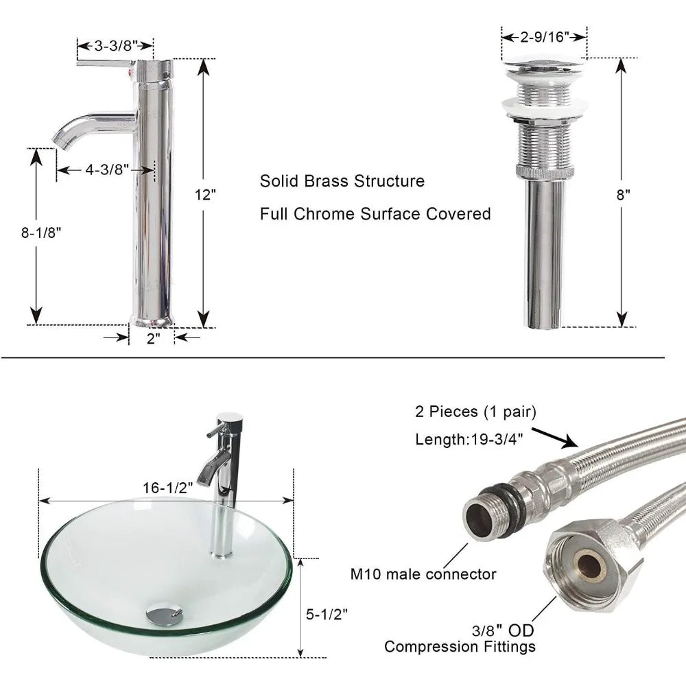 Modern Bathroom Vanity Sink Combo with Small Side Cabinets Clear Round Glass Vessel Sink Water Saving Faucet and Pop Up Drain