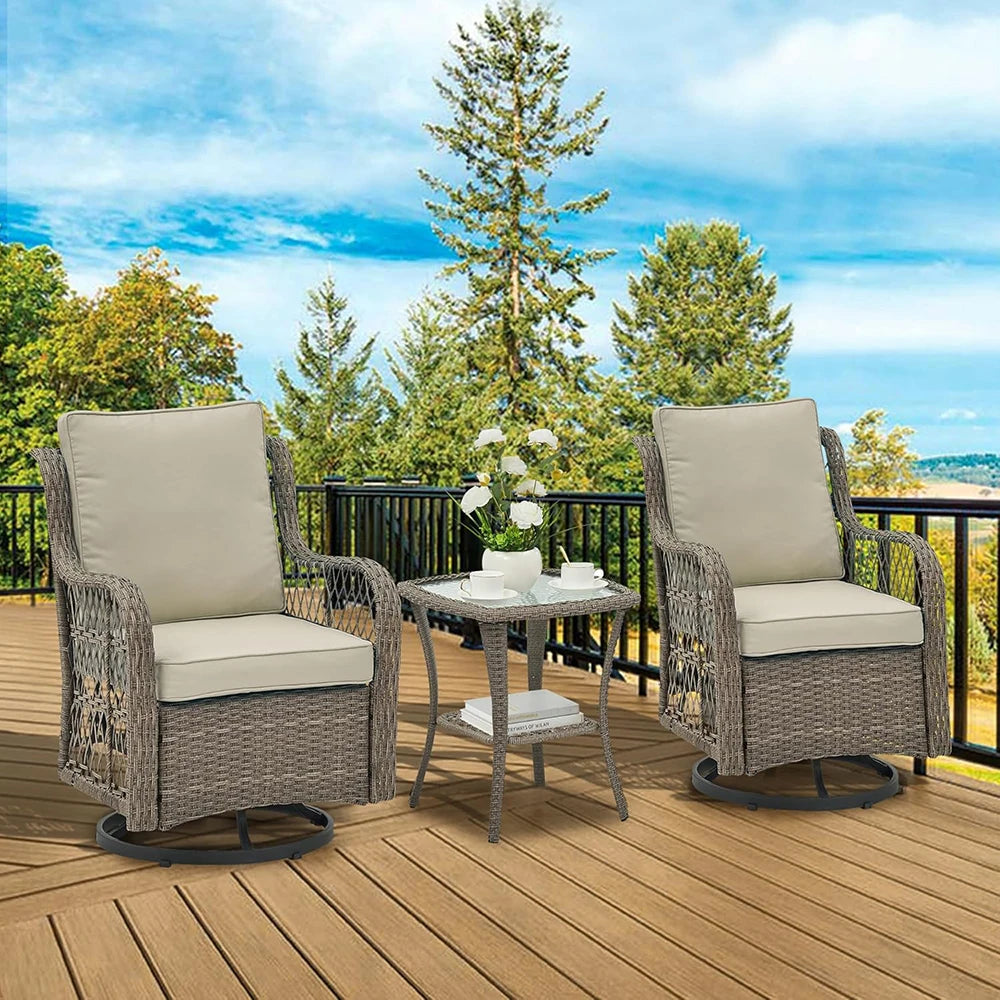 3 Piece Wicker Swivel Rocking Patio Set With Cushions Two Chairs And Glass Table