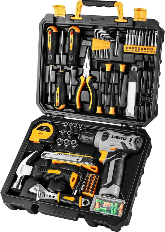 DEKO 126 Piece Power Tool Combo Kit with 8V Cordless Drill and 10MM Keyless Chuck Professional Household Tool Set