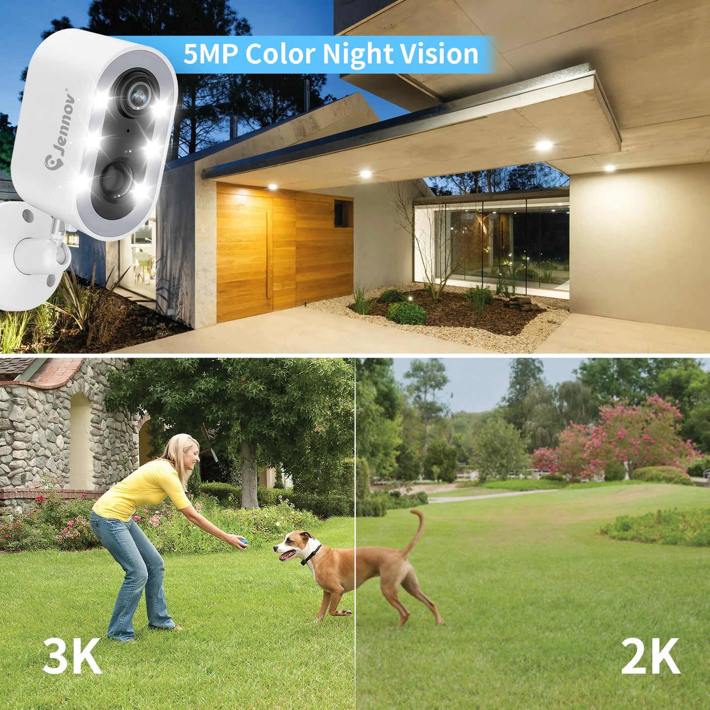 Jennov 5MP Wireless Security Camera Battery Powered with Color Night Vision and Two Way Talk for Outdoor Home Use