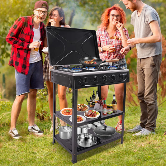 5 Burner Propane Gas Stove with Support Leg Stand and Wind Blocking Cover 2.5KW Independent Control Camping Stove