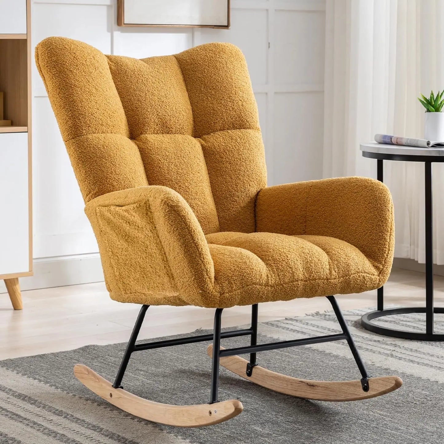 Nursery Rocking Chair Teddy Upholstered Glider Rocker High Backrest Comfy Accent Armchair