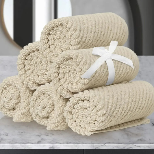 Cotton Towel Set of 6 Deluxe 13 Inch by 13 Inch Body Wash Cloths Quick Dry Bathroom Hand Towels Beige Tan Gift Set