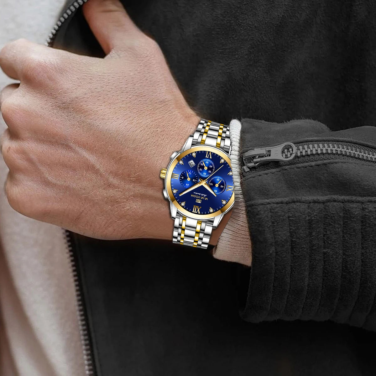 Va Va Voom Men's Multifunctional Watch Fashionable Stainless Steel Strap Blue Gold Rhinestone Casual Sports Timepiece