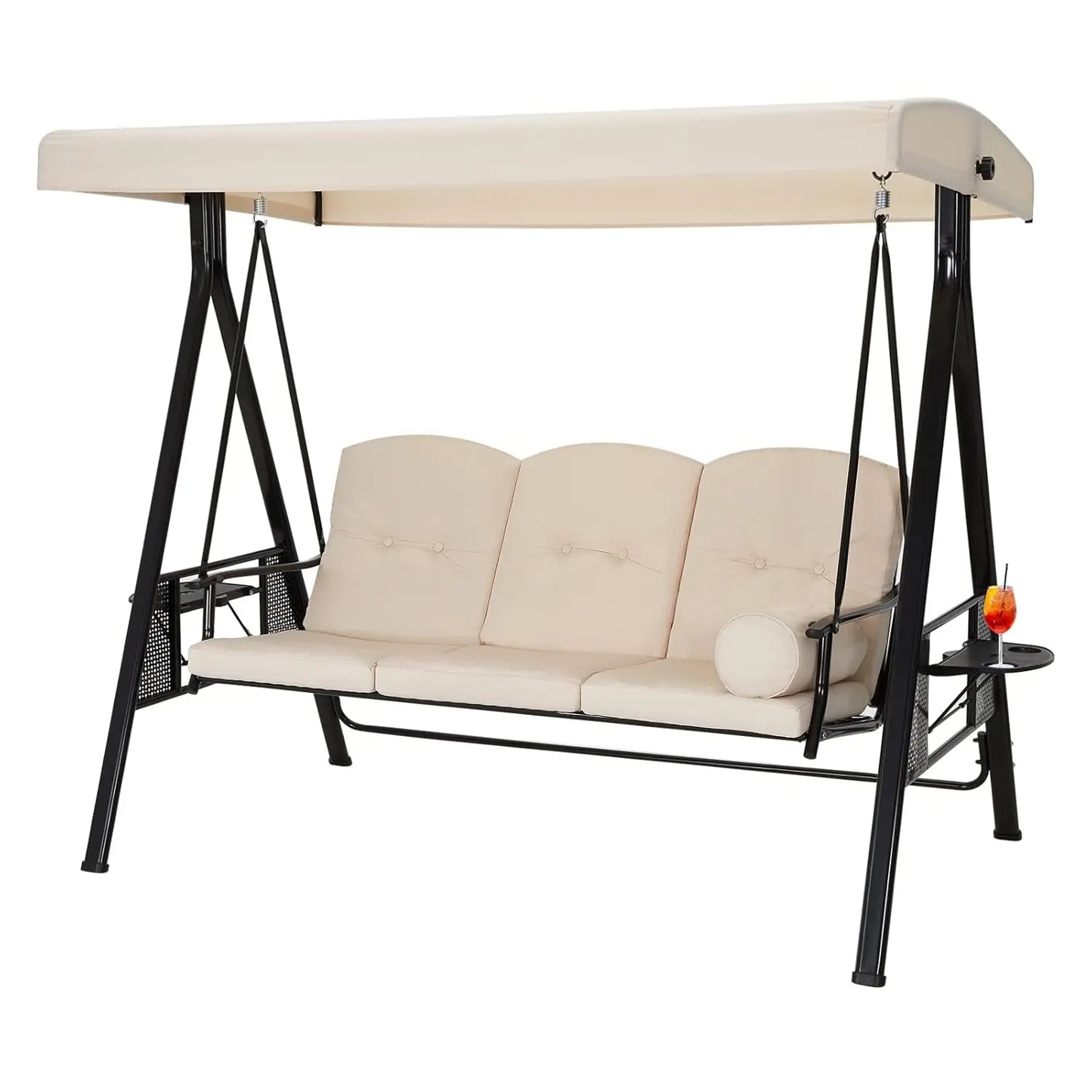 3 Seat Outdoor Porch Swing With Adjustable Canopy Beige Customizable Removable