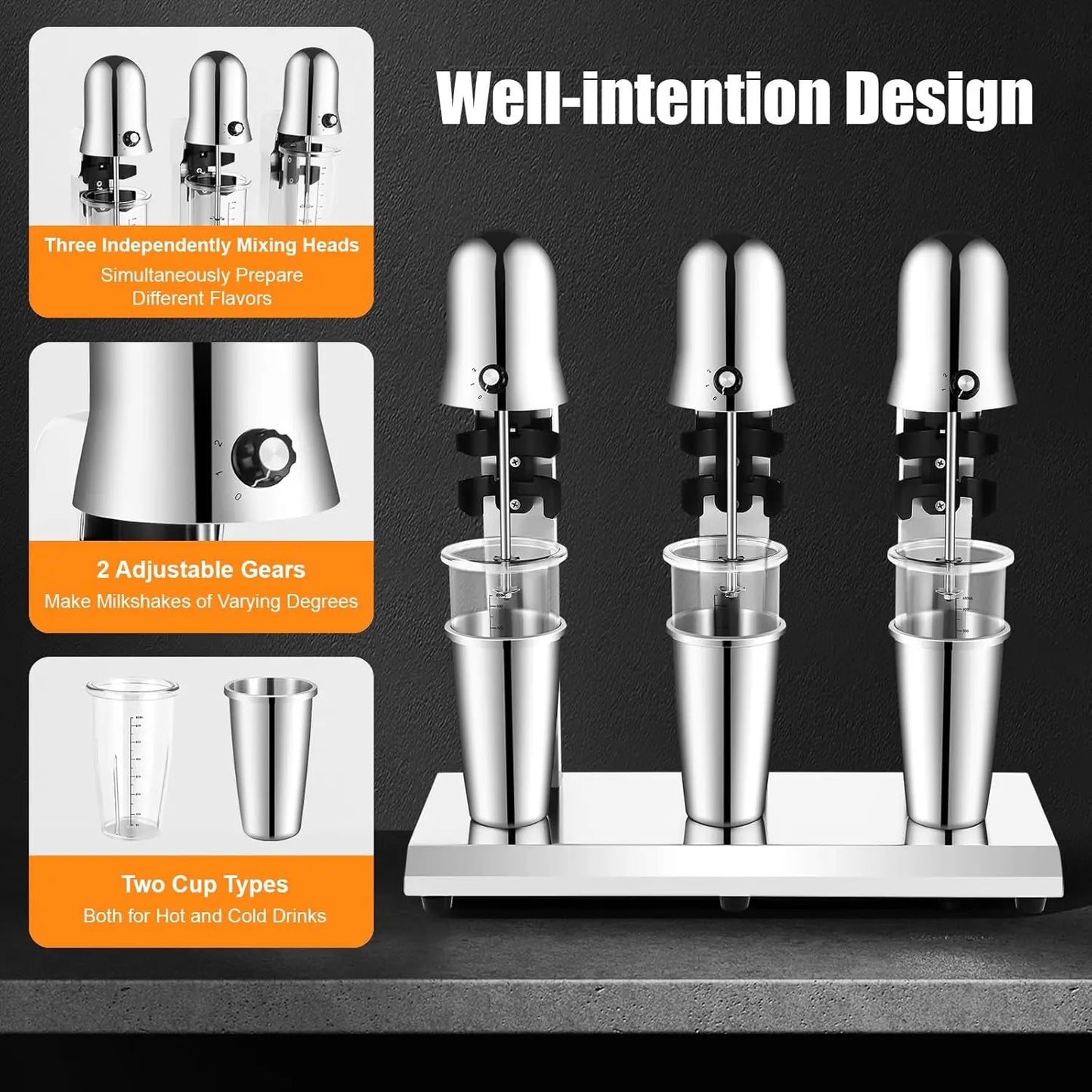 Commercial Grade Triple Head Stainless Steel Milkshake Maker with 800ml Blend Cups for Home Kitchen