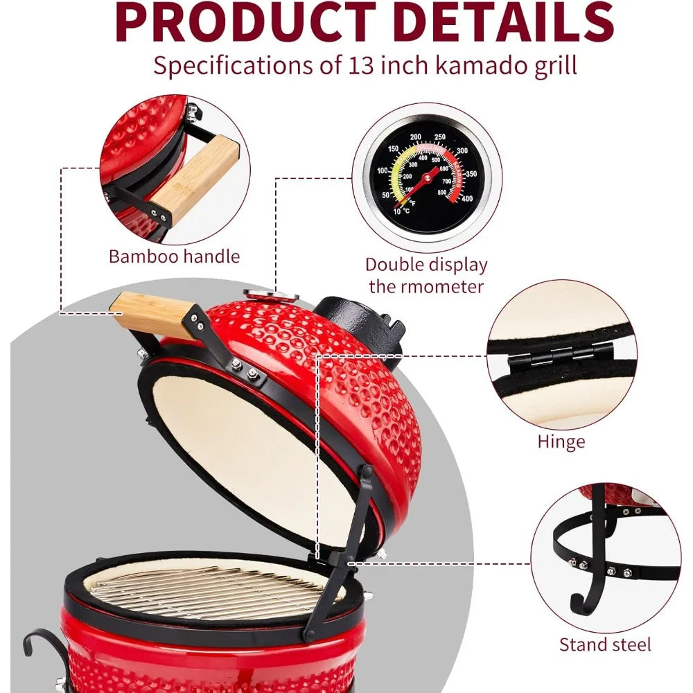 13" Round Kamado Charcoal Grill, Portable Ceramic Barbecue Grill With Thermometer For Variations On Cooking Methods(Red)