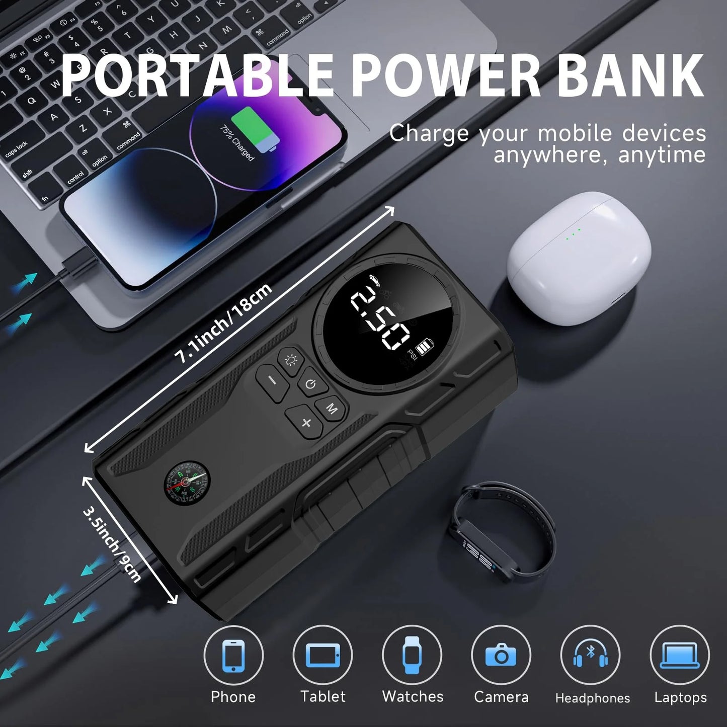 4000A Jump Starter Air Compressor 150PSI Portable For 9L Gas