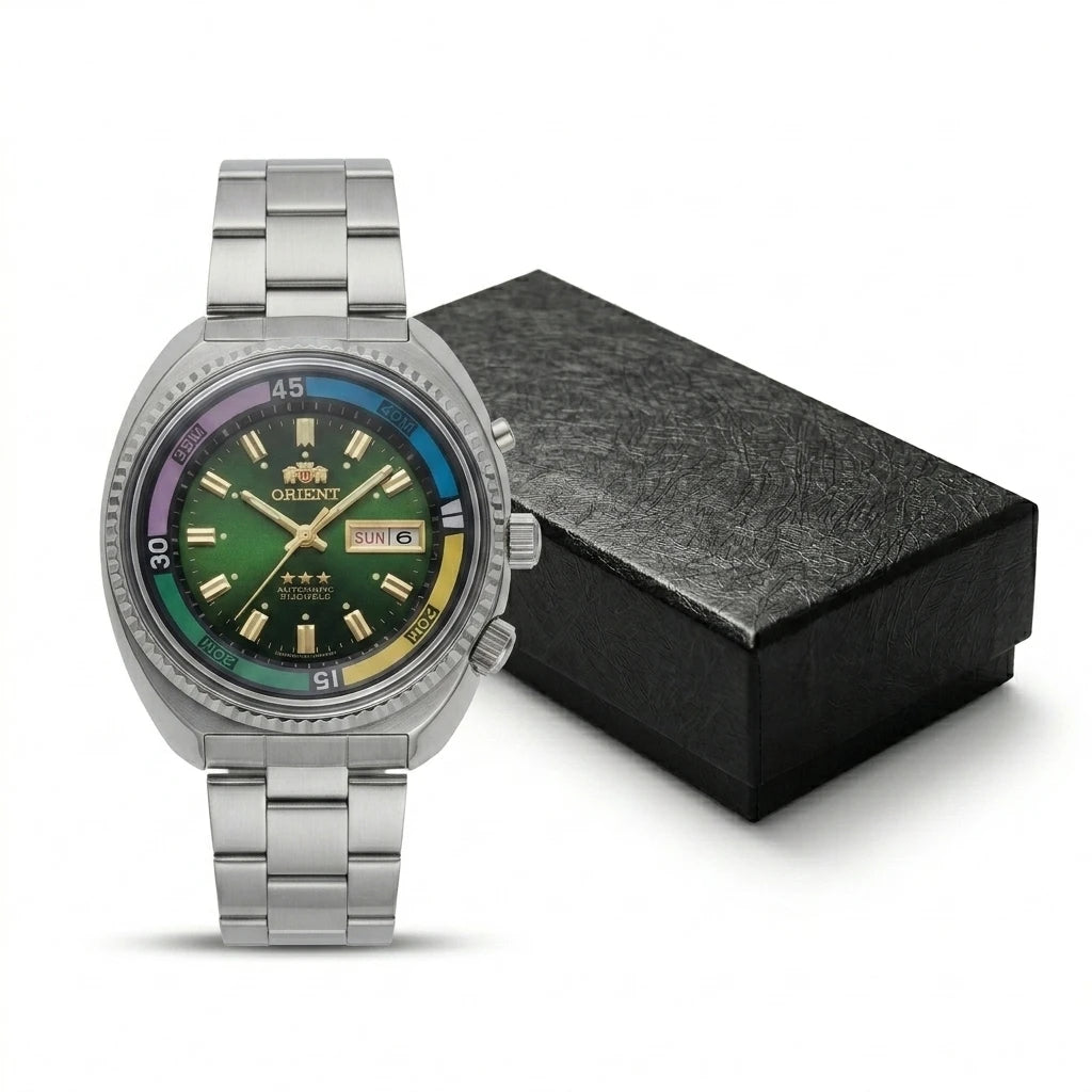 ORIENT Retro World Timer Automatic Watch 21 Jewels Day Date Luminous Stainless Steel Men Mechanical Wristwatch
