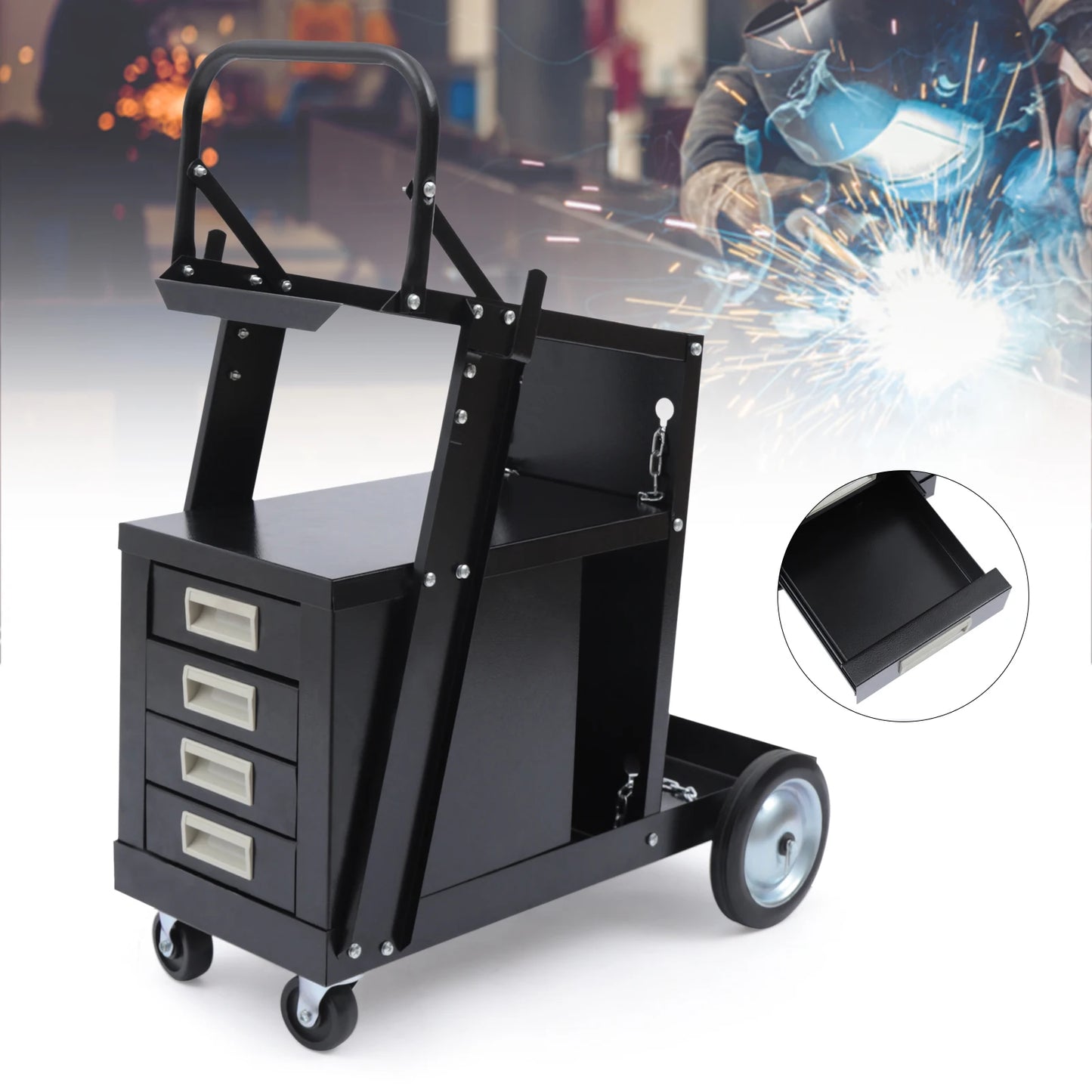 Welding Cart Rolling Welding Car with 4 Drawers Welding Carts 80kg Capacity with Safety Chains for Mig/Tig Welder and Plasma Cut