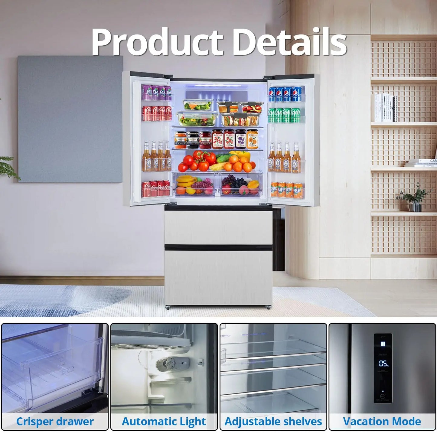 PioneerWorks French Door Refrigerator Large Capacity 18.8 Cubic Feet 4 Door Full Size Counter Depth Stainless Steel Auto Defrost