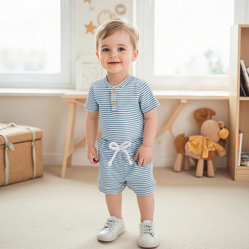 Toddler Boy Striped Shirt And Shorts Set V Neck Elastic