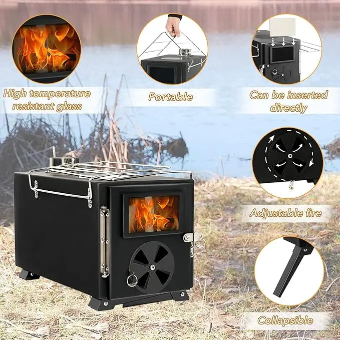 Outdoor Portable Wood Burning Stove for Tent Camping Ice Fishing Cookout Hiking Travel with Pipe Tent Stove and Tent Stove Jack