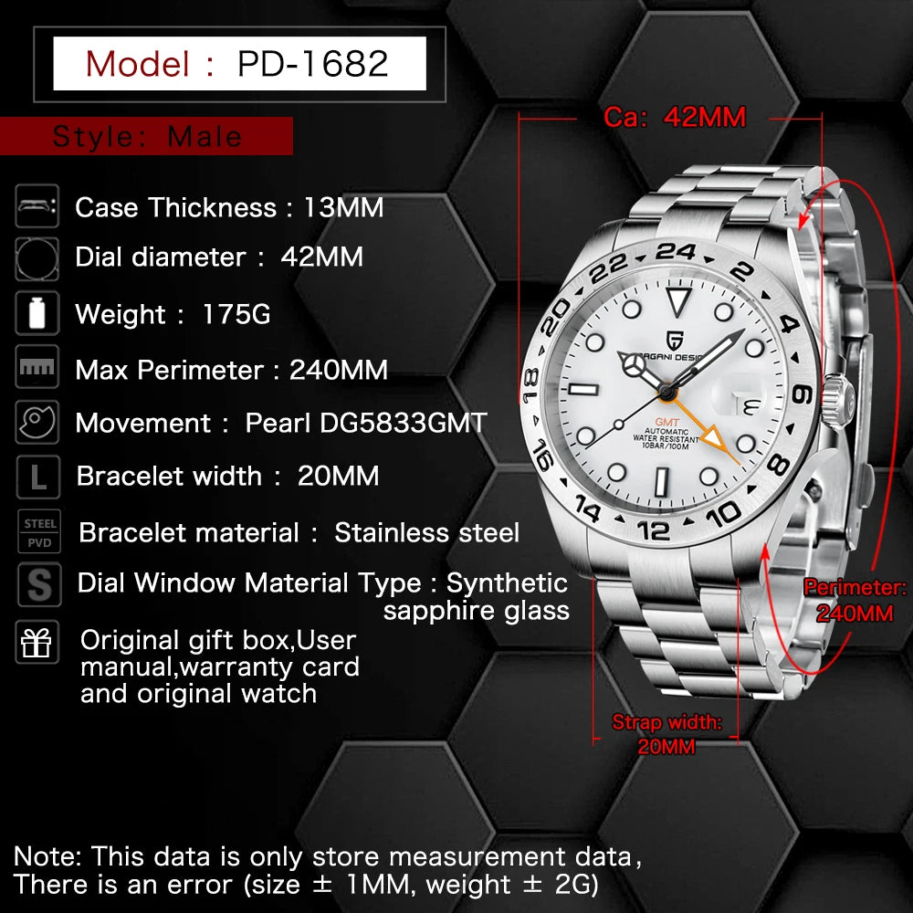 Pagani Design 2025 42mm GMT Automatic Mechanical Watch Stainless Steel Sapphire