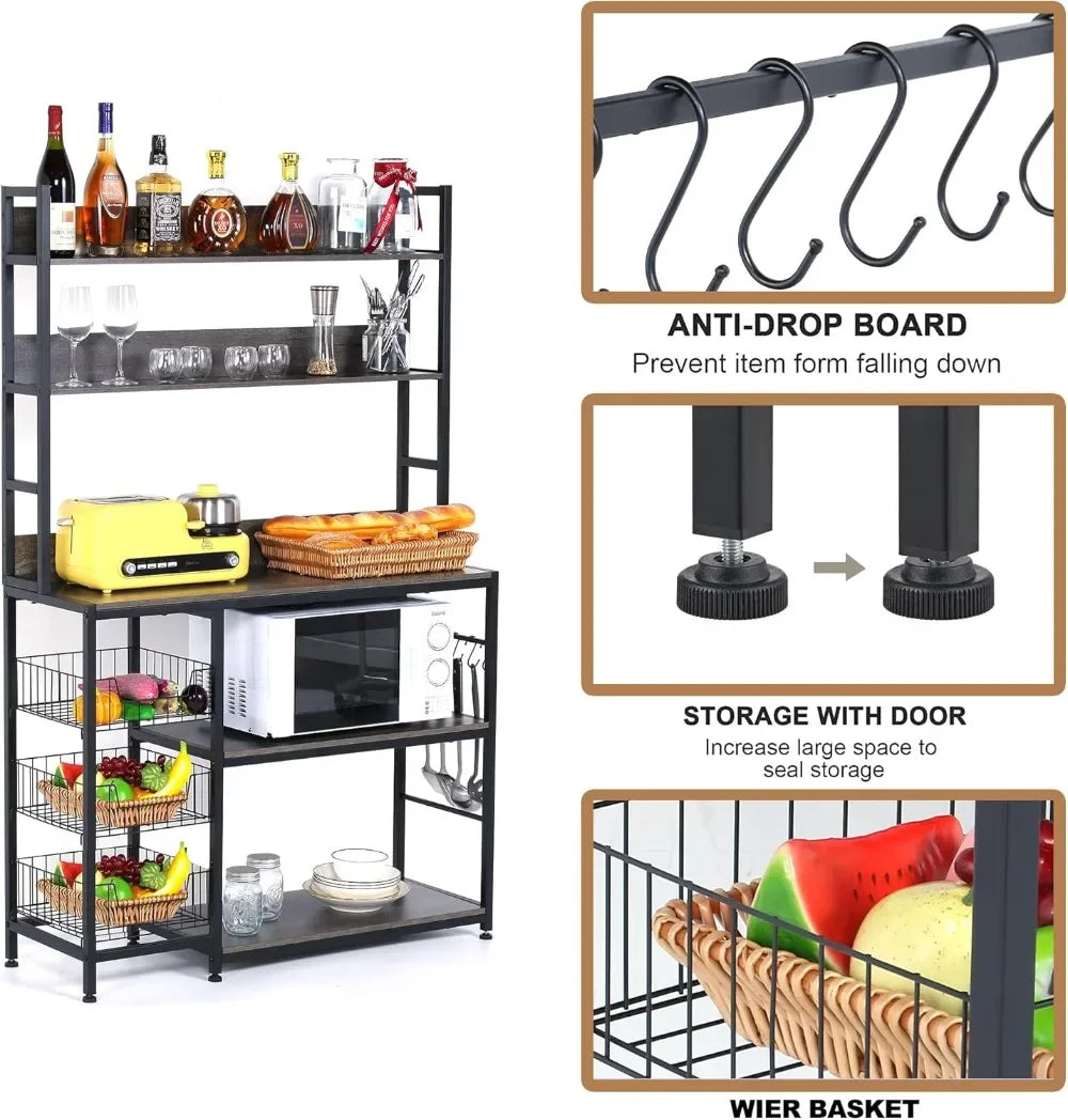 Kitchen Bakers Rack with Baskets 5 Tier Kitchen Utility Storage Shelf with Hooks Microwave Oven Stand Rack