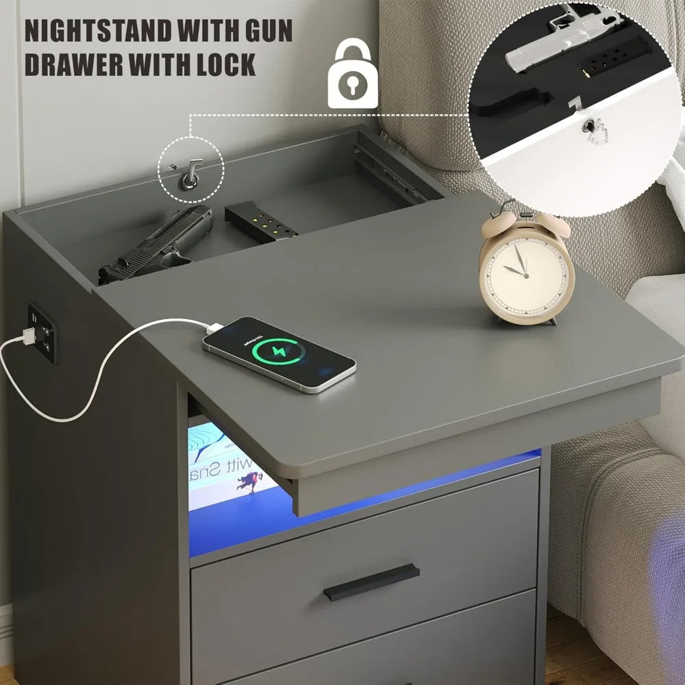 Night Stand Set of 2 Charging Bedside Table with USB and Type-C Port LED Night Stand with Human Sensor Light and Gun Drawers