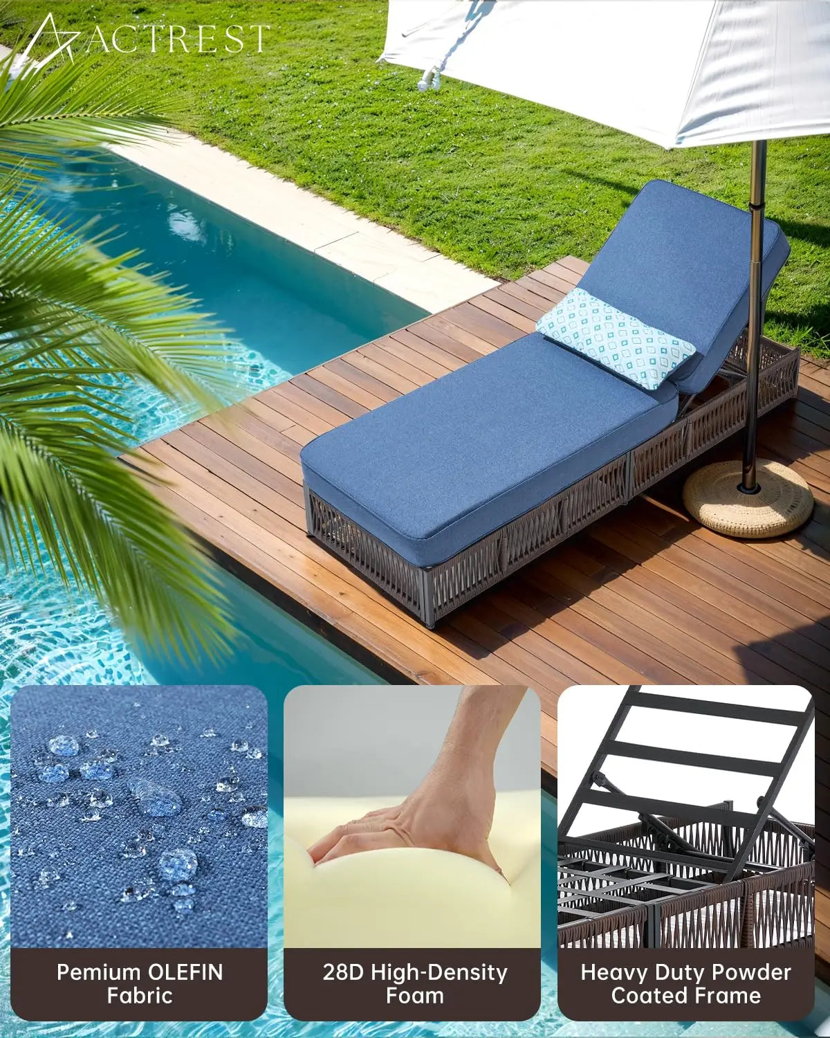 2 Piece Outdoor High Back Chaise Lounge Side Table Set Brown Wicker Cushions