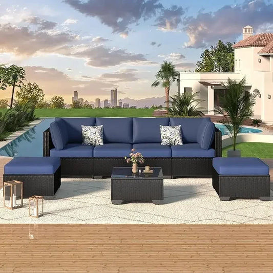 7 Piece Outdoor Patio Furniture Set Grey PE Rattan Wicker Sectional Chair Set with Cushions