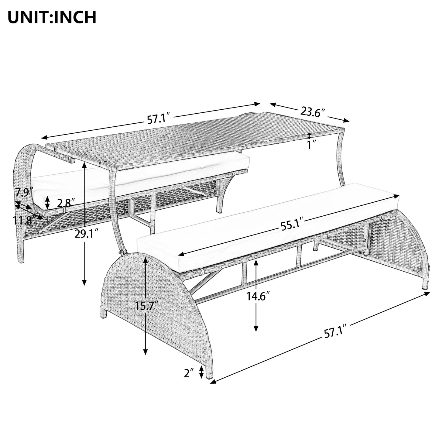 Outdoor Rattan Loveseat Convertible Bench Set Converts To 4 Seats And Table