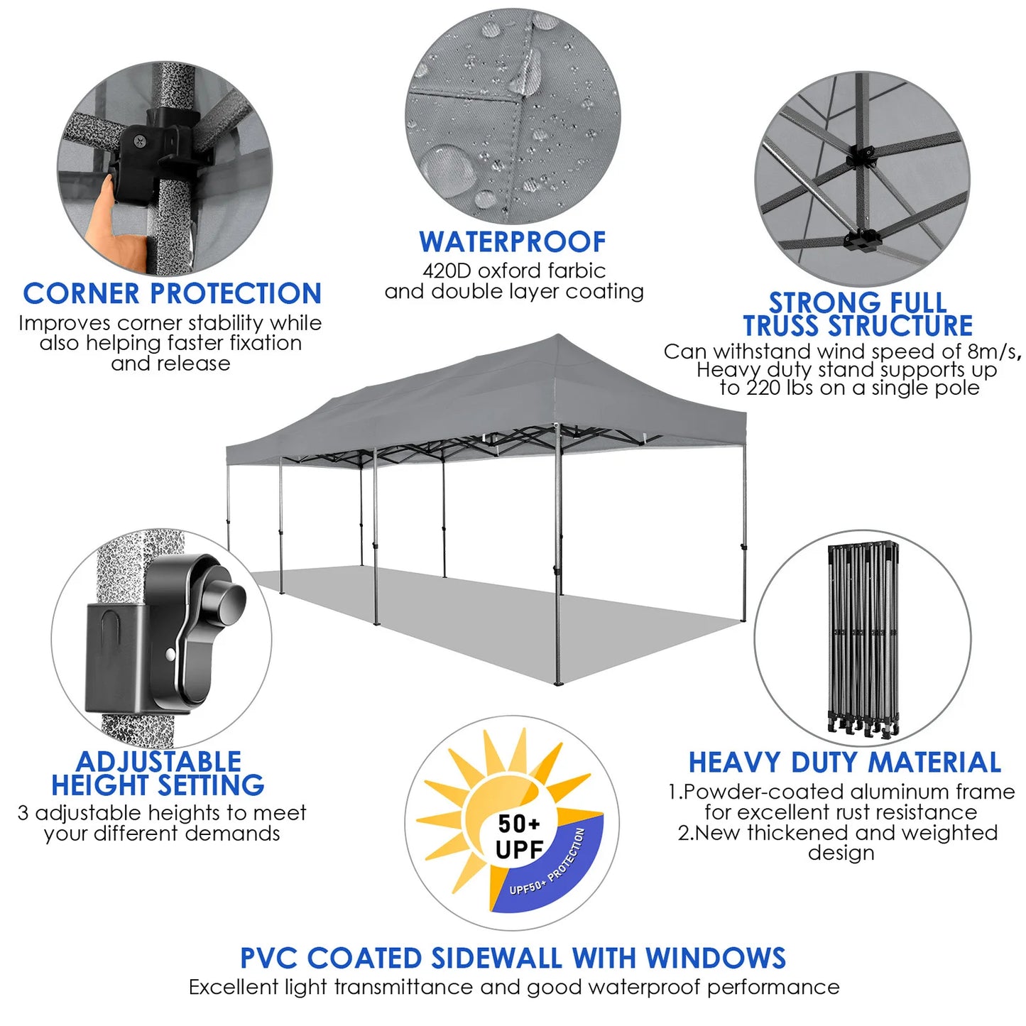 10x30 Heavy Duty Pop Up Canopy with 8 Sidewalls for Stable Wedding Outdoor Parties Canopy with UPF 50+ Protection