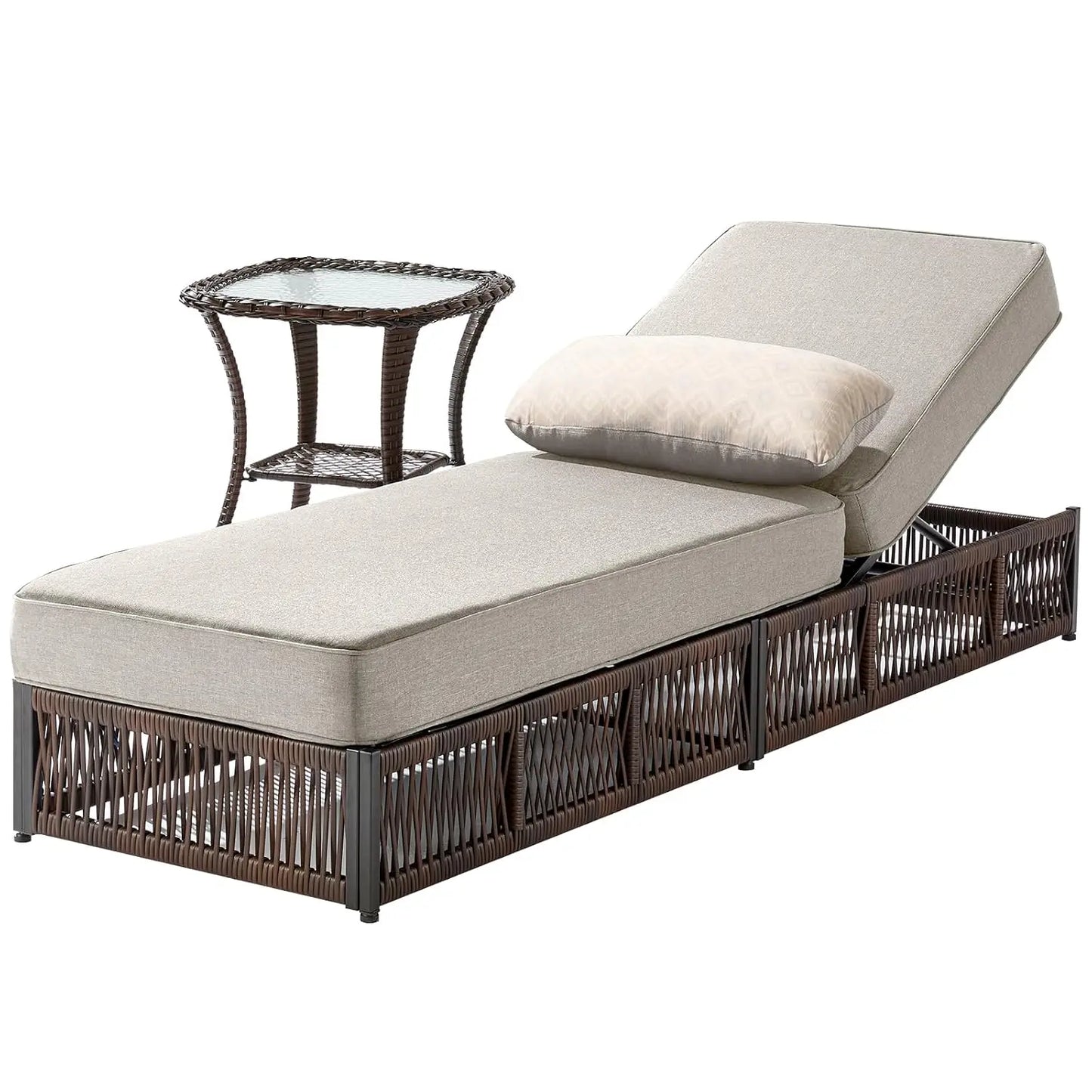 2 Piece Outdoor High Back Chaise Lounge Side Table Set Brown Wicker Cushions