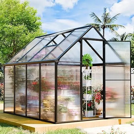 Polycarbonate Greenhouse Kit 8x6x6 FT Heavy Duty Outdoor Greenhouse with Transparent Panels Sliding Door for Backyard Garden