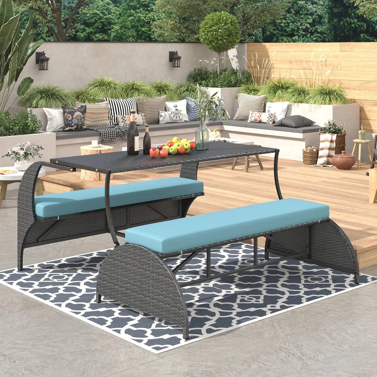 Outdoor Rattan Loveseat Convertible Bench Set Converts To 4 Seats And Table