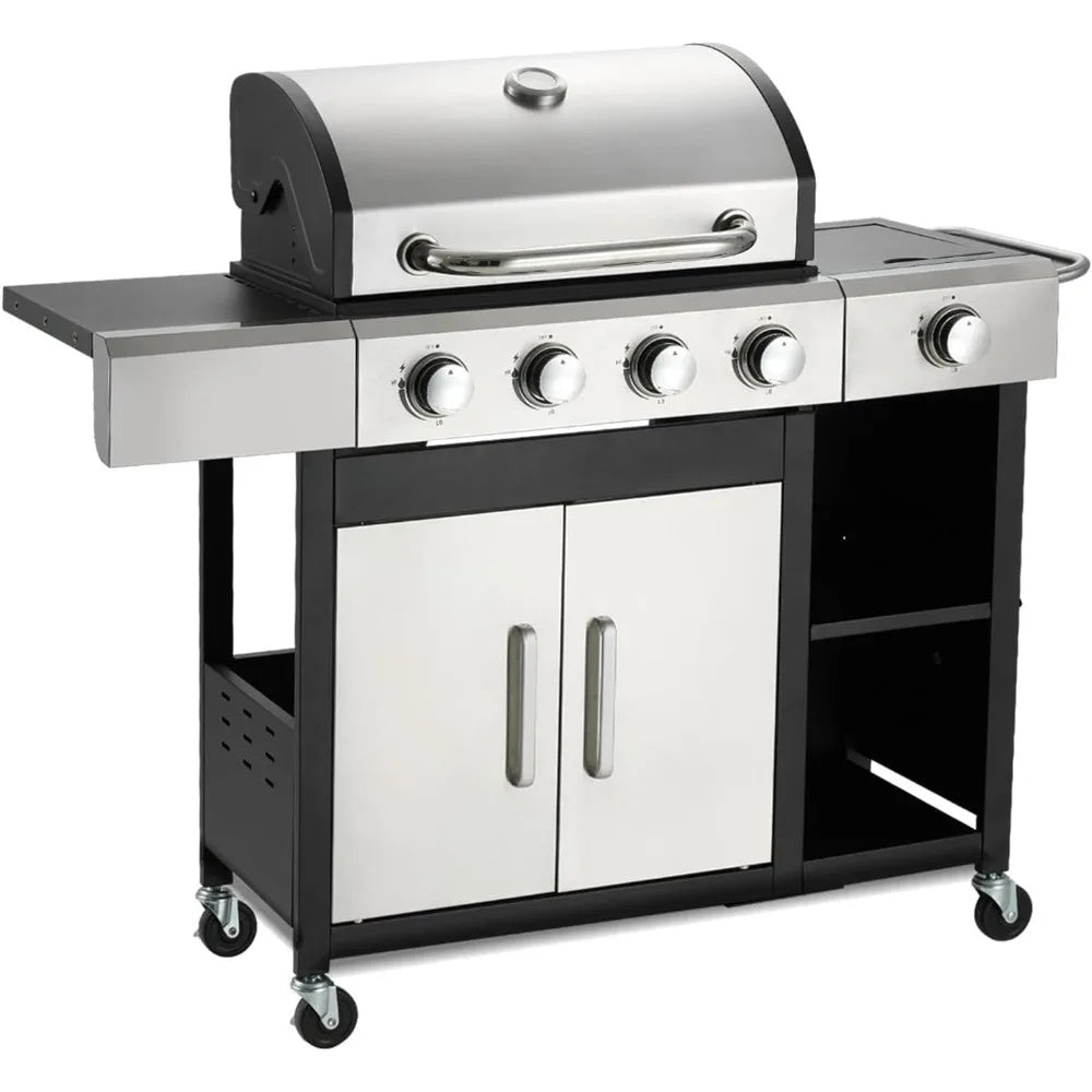 4-Burner Propane Gas Grill with Side Burner & Cabinet - 49,000 BTU Stainless Steel BBQ Grill, Porcelain-Enameled Cast Iron Grate