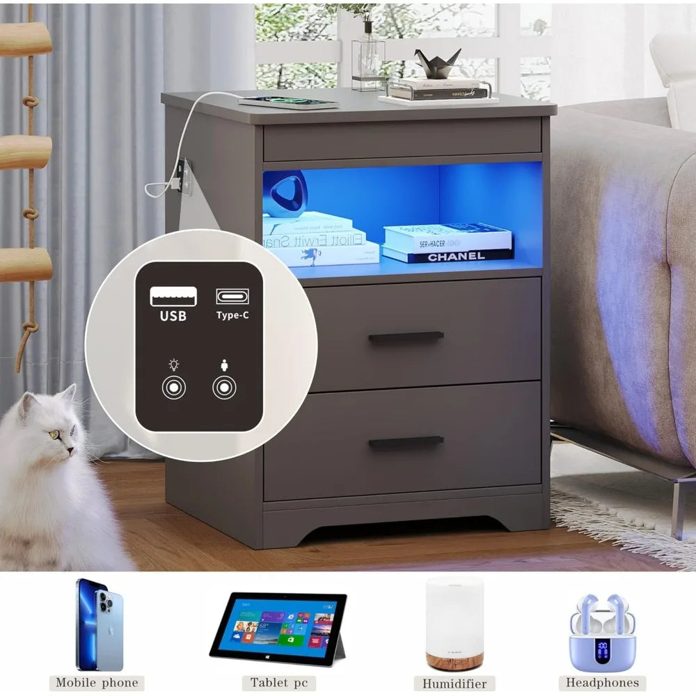 Night Stand Set of 2 Charging Bedside Table with USB and Type-C Port LED Night Stand with Human Sensor Light and Gun Drawers