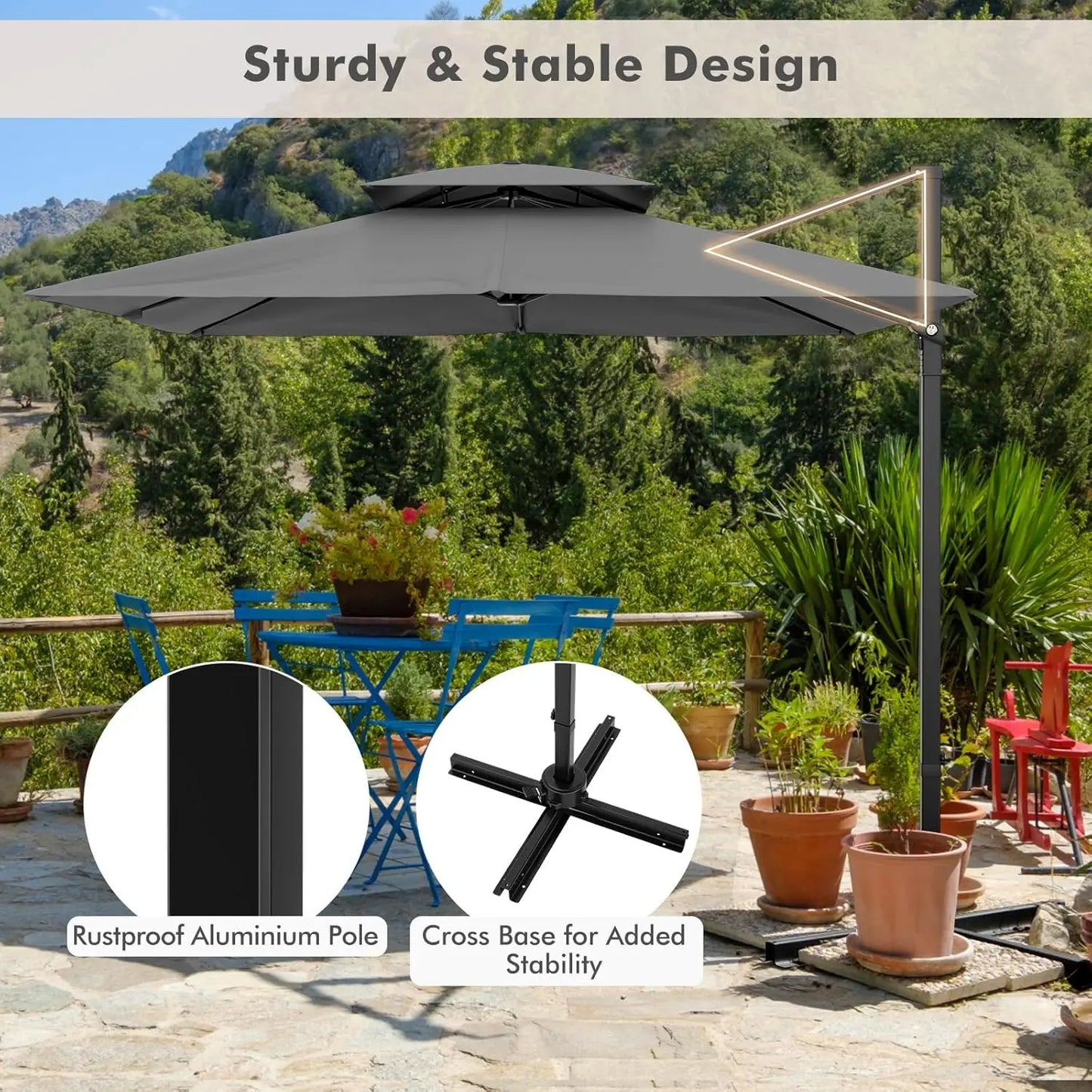 9.5 FT Cantilever Patio Umbrella Outdoor Square Offset Umbrella with 360 Degree Rotation Heavy Duty Hanging Umbrella