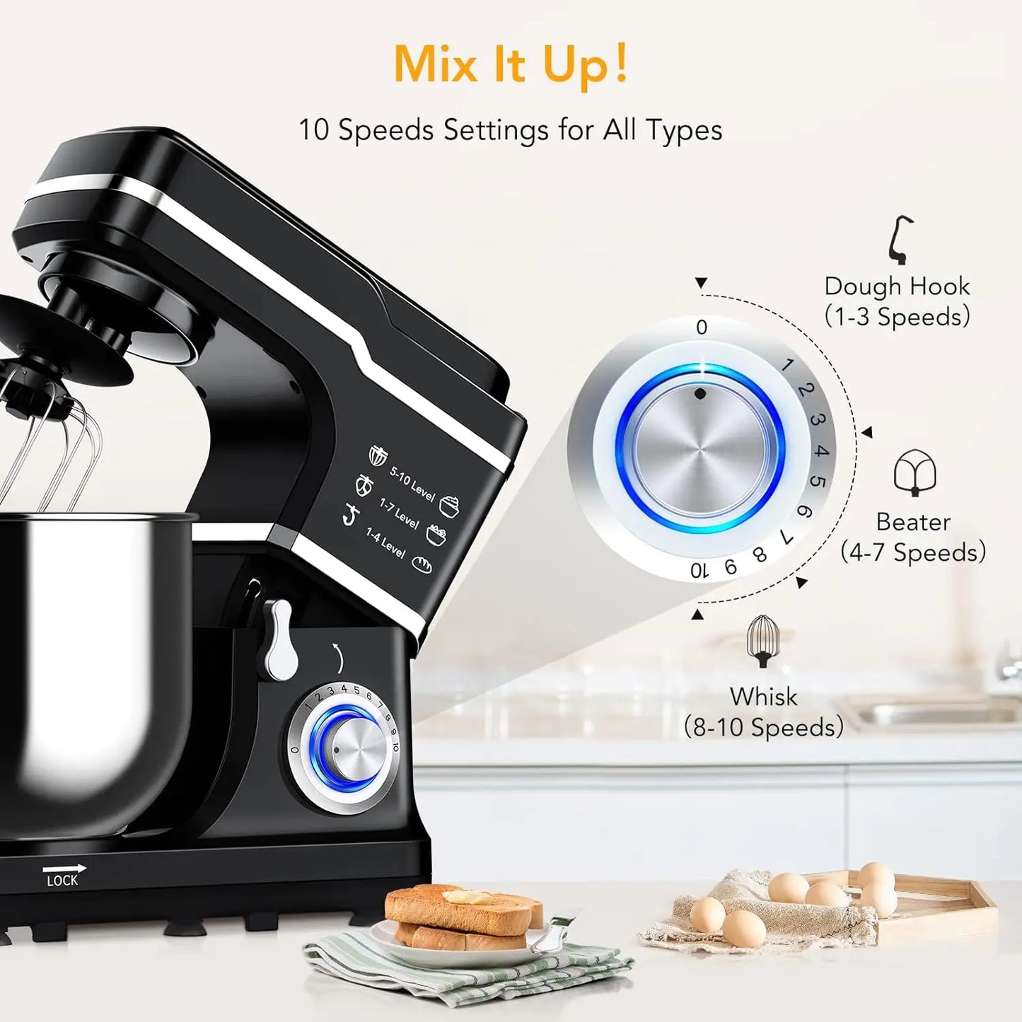 Electric Food Mixer 7.5QT 600W 10 Speed Tilt Head Stand Mixer with Stainless Steel Bowl 3 in 1 Kitchen Countertop Mixer