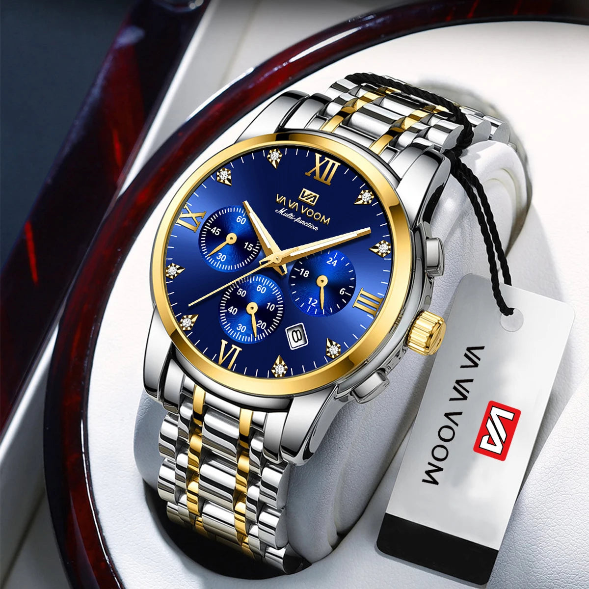 Va Va Voom Men's Multifunctional Watch Fashionable Stainless Steel Strap Blue Gold Rhinestone Casual Sports Timepiece