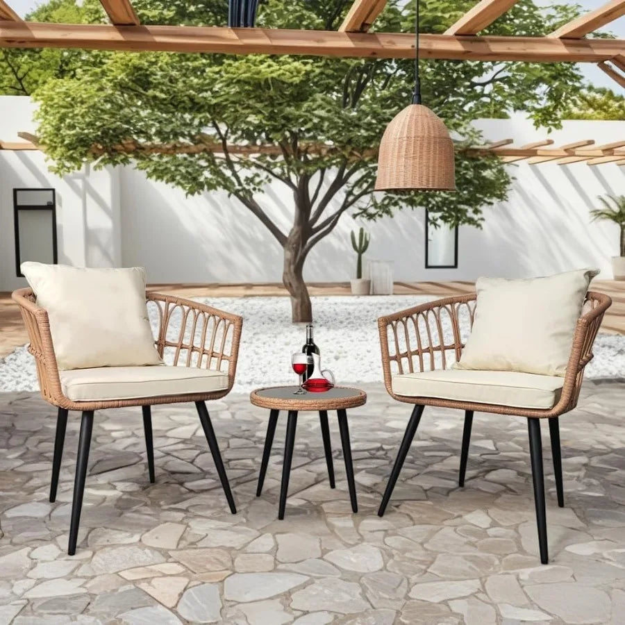3 Piece Patio Bistro Set Outdoor Rattan With Glass Table