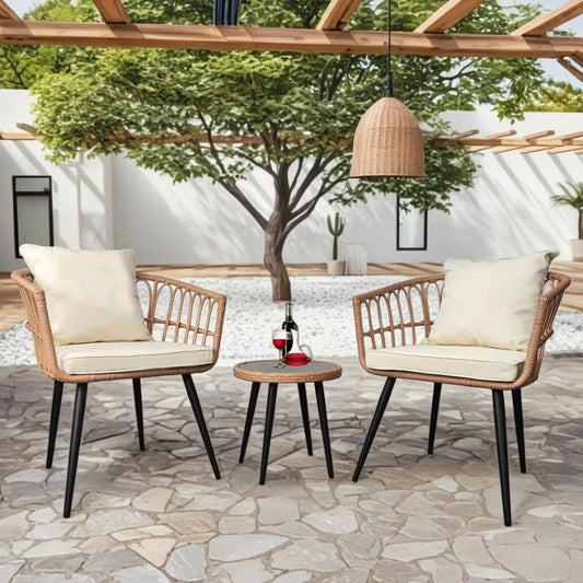 3 Piece Patio Bistro Set Outdoor Rattan With Glass Table