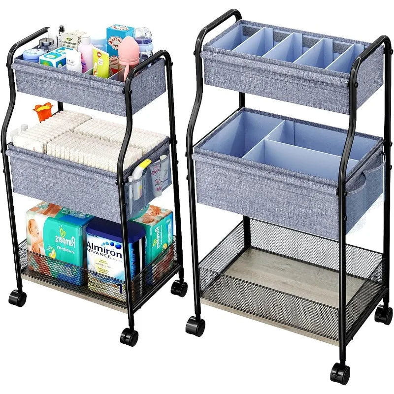 3 Tier Baby Diaper Caddy Organizer Storage Cart with 4 Plus 2 Dividers Mobile Metal Utility Cart with Rolling Wheels for Nursery Essentials