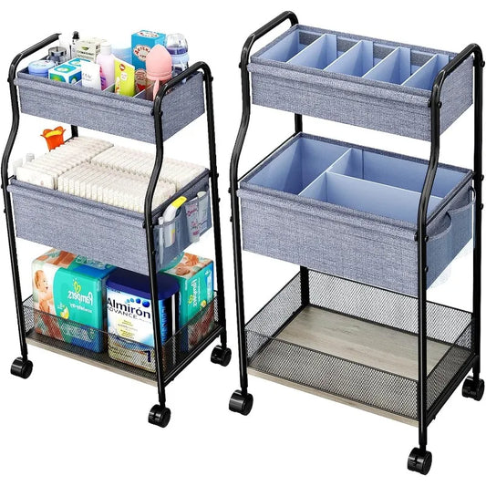 3 Tier Baby Diaper Caddy Organizer Storage Cart with 4 Plus 2 Dividers Mobile Metal Utility Cart with Rolling Wheels for Nursery Essentials