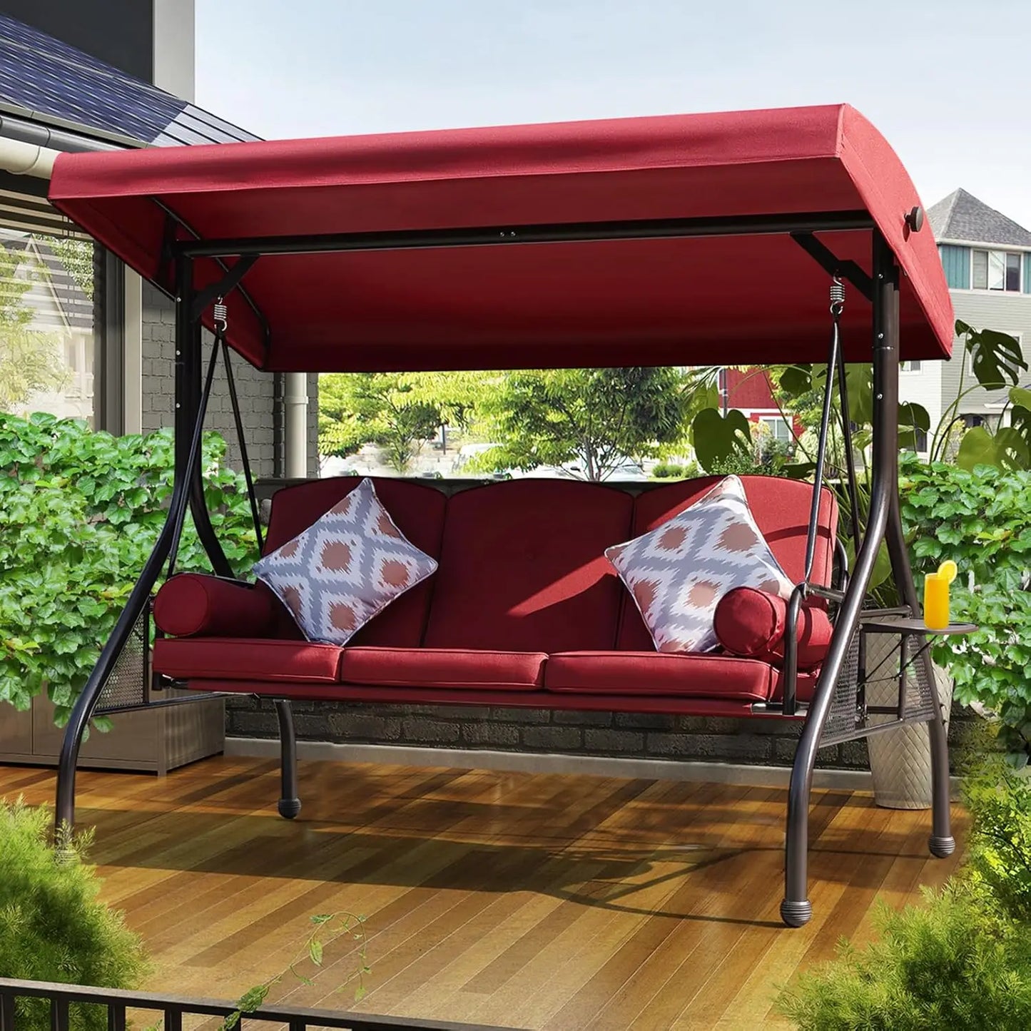 Three Seat Outdoor Porch Swing With Adjustable Canopy And Foldable Side Cushions