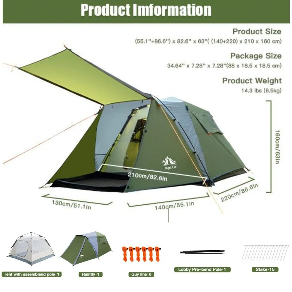 Night Cat Cabin Tent with Vestibule: 2-4 Persons Pop Up Camping Tent Double Layers Easy Quick Setup Waterproof  Instant Set Up Tent