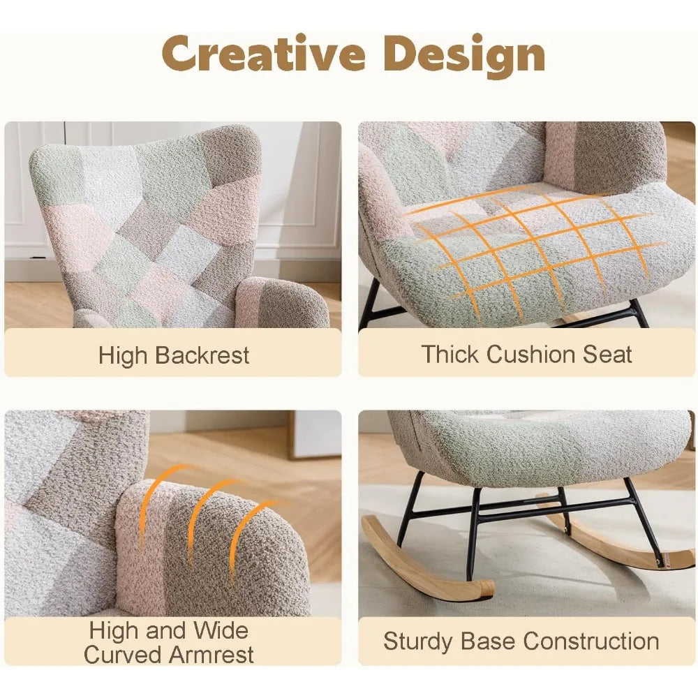 Nursery Rocking Chair Teddy Upholstered Glider Rocker Accent Chair with High Backrest Comfy Side Chair