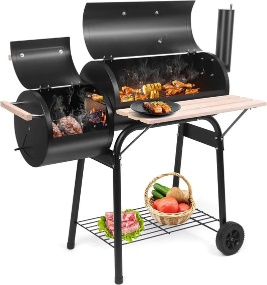 Charcoal Grill and Offset Smoker Outdoor Patio Barbecue Cooker with Wheels Side Fire Box for Camping Picnic Party