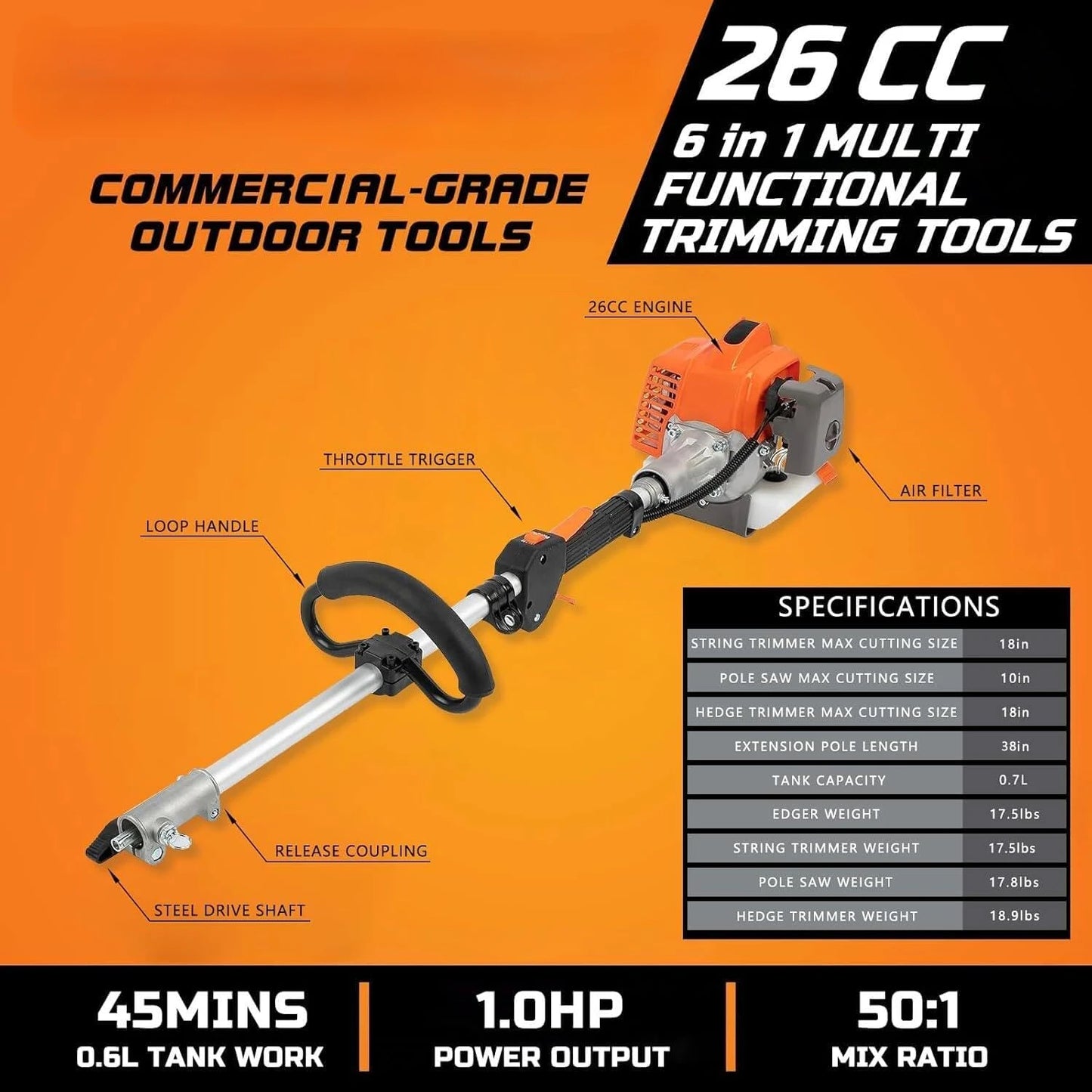 26cc 6 in 1 Gas Powered Multi Functional Trimming Tools Hedge Trimmer Weed Eater String Trimmer Brush Cutter Edger Pole Saw Chainsaw Pruner
